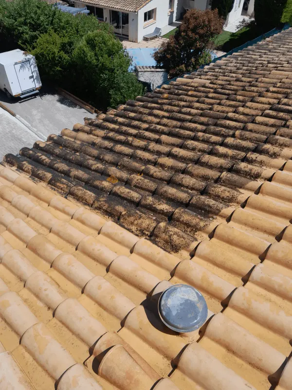 Démoussage de toiture en cours par JID Rénov, contraste avant et après nettoyage